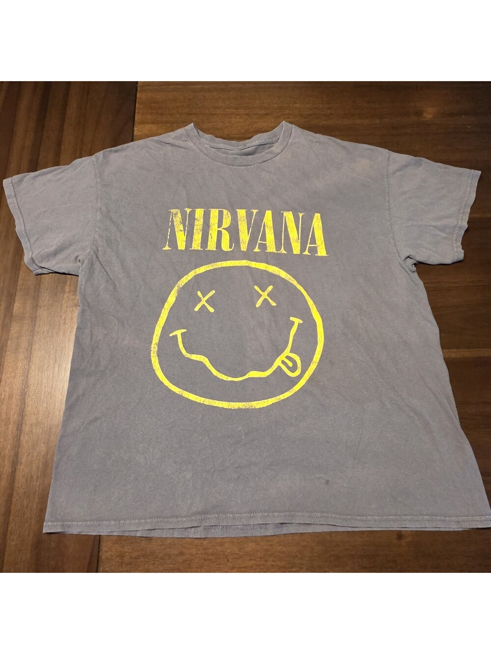 Nirvana Smiley Face Graphic T Shirt Mens XL Faded Charcoal Grey Band Tee